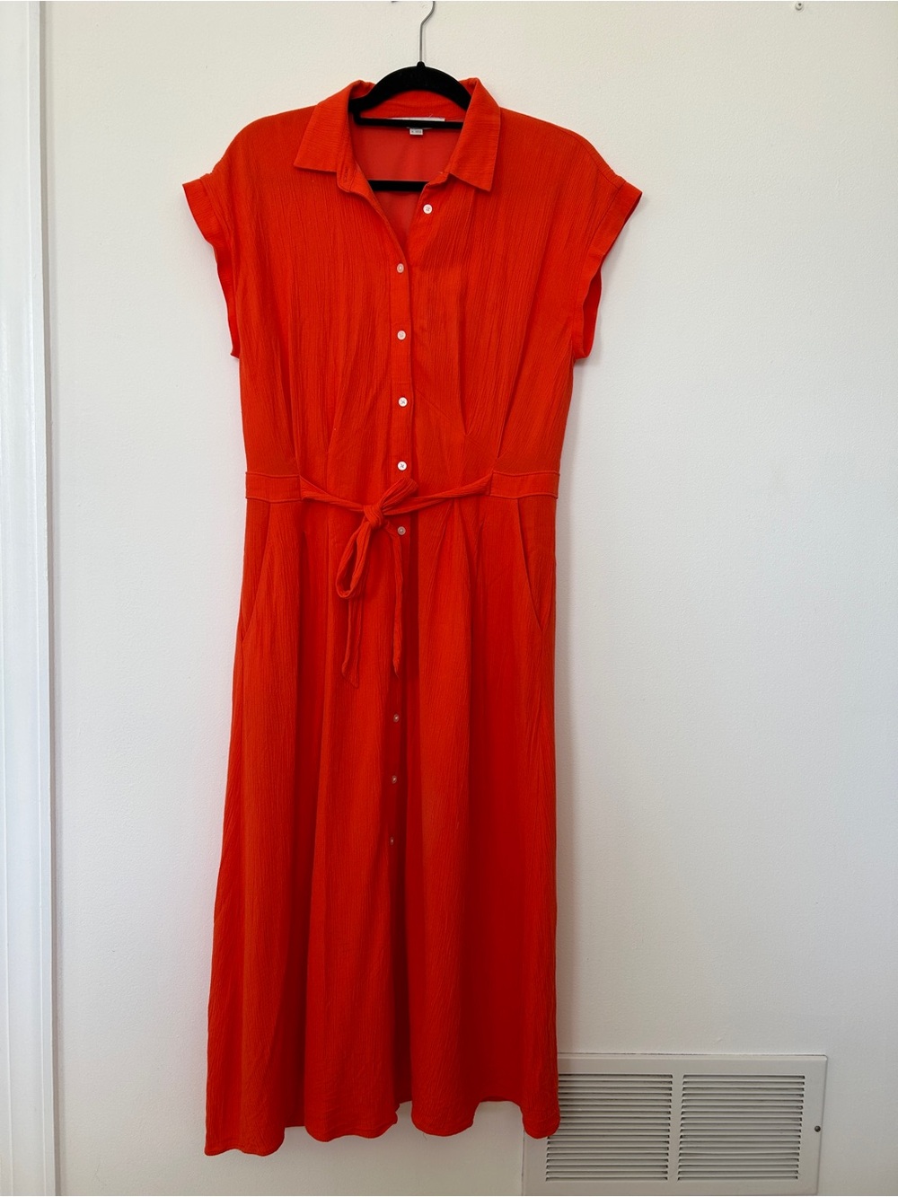 LOFT Orange Button-Front Midi Dress with Tie Waist